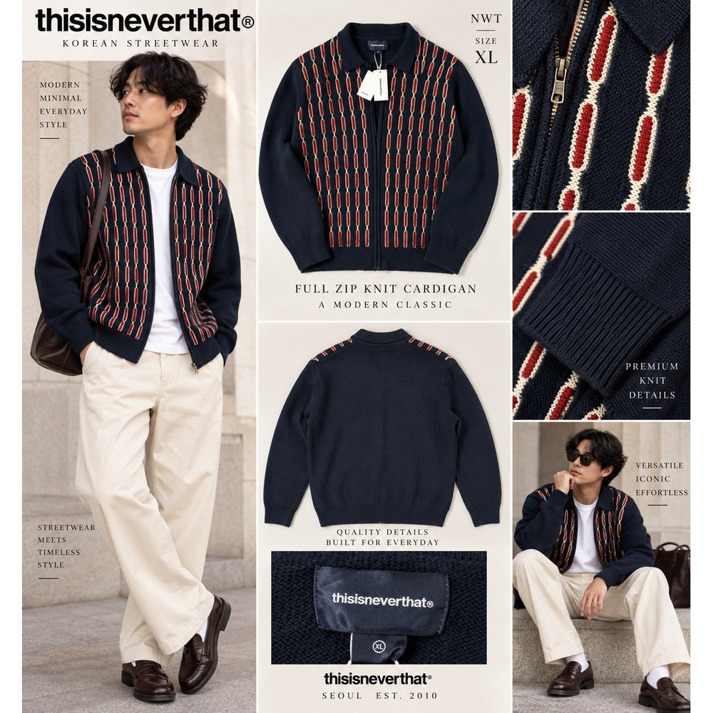 thisisneverthat Chain Jacquard Zip Up Polo Navy Red White XL